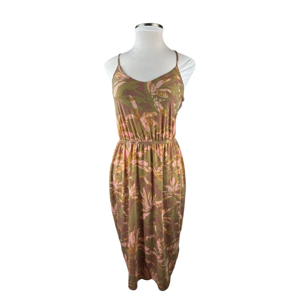 Prana Ayla Dress Racerback Tropical Green Brown Stretch Medium Resort Cruise - Picture 2 of 16